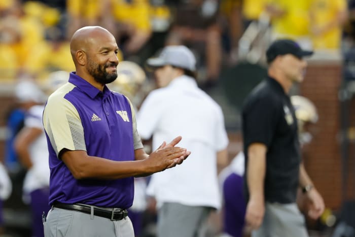 Sep 11, 2021; Ann Arbor, Michigan, USA; Washington Huskies head coach Jimmy Lake during warmups against the Michigan Wolverines at Michigan Stadium.